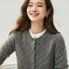 Cardigã de malha 100% cashmere Bai Cai Rong, suéter feminino de gola redonda e manga longa, nova coleção outono/inverno, design de trança, para uso diário