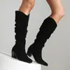 Botas cuadradas para mujer, tallas 34-48, botas altas de comercio exterior para otoño e invierno, color liso, punta fina, slip-on, versátiles, botas de montar para mujer