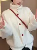 Cardigã suéter branco de bolinhas retrô estilo coreano soltinho de gola alta para mulheres, versátil elegante para primavera e outono estilo Harajuku