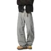 Calças de Trabalho Plissadas Lavadas para Homens, Design de Primavera, Calças Casuais Retas Soltas Estilosas, Calças Parachute Modernas Estilo Americano