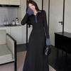 Nuevo Estilo Entallado que Ciñe la Cintura Vestido Negro Elegante con Solapa de Manga Larga para Mujer Invierno Vestido Largo con Volantes