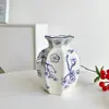 Vaso de Cerâmica Jingdezhen com Acabamento de Luxo, Novo Estilo Chinês, Porcelana Azul e Branca Vintage, Recipiente Retro de Cerâmica para Arranjo de Flores para Sala de Estar