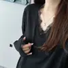 Camiseta de Manga Larga con Encaje Interior Talla Plus Estilo Perezoso para Mujer, Corte Holgado, Adelgazante, Sensación Relajada, Top de Moda para Primavera y Otoño