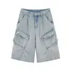 Shorts Cargo Jeans Cropped Lavado Novo de Verão Estilo Retrô Americano com Múltiplos Bolsos Largos de Cintura Média Retos
