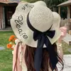 Sombrero de Paja de Verano con Letras Bordadas para Mujer, Sombrero de Sol de Ala Ancha, Sombrero de Sol con Lazo para Vacaciones en la Playa