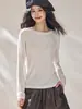 Shengdu26 Primavera Nova Básica Versátil Malha Tencel Lã Camada Base Camiseta Manga Longa para Mulheres