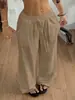 Pantalones anchos de pierna ancha, sueltos, con caída, de textura, con cordón elástico, estilo casual de vacaciones, para mujer, con bolsillos laterales, transfronterizos europeos y americanos