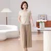 Traje de Verano para Mamá, Camisa de Manga Corta de Seda Helada, Top Camiseta de Alta Gama para Mujeres de Mediana Edad y Mayores, Conjunto de Dos Piezas de Pantalones de Pierna Ancha de Algodón y Lino
