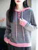 Otoño e Invierno 100% Lana Pura Tejido con Capucha para Mujer Holgado Casual Cordón Rayas Contraste Sudadera con Capucha
