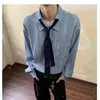 Camisa de Manga Longa Listrada Azul com Design de Gravata de Nicho Estilo Americano para Homens e Mulheres, Primavera e Outono, Camisa Solta de Alta Qualidade com Estampa de Árvores, Tendência