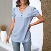 Amazon 2026 Verão Novo Transfronteiriço Europeu e Americano Camisa Feminina Casual Cor Sólida Gola V Botão Versátil Listrada Camiseta