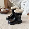 Botas de Cuero con Hebilla Estilo Británico para Niñas 2026 Otoño/Invierno Nuevas Botas de Media Caña Espesas con Felpa para Niñas Botas Martin Antideslizantes