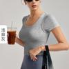 Top de Yoga de Manga Curta Justo com Efeito Emagrecedor Tudo-em-Um com Bojo Camiseta Esportiva Verão Treino Corrida Elástico Roupa de Fitness