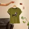 Ummoimoi Camiseta de Manga Corta con Cuello Redondo Estampado de Teckel Negro para Mujer Verano Nueva Corta Adelgazante Hombro Real Top