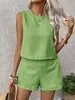 2026 Transfronterizo Amazon Europeo y Americano Color Sólido Imitación Algodón Lino Chaleco sin Mangas Shorts Conjunto Casual de Moda de Dos Piezas para Mujer