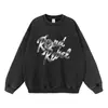 Sudadera Lavada Retro de Metal con Estampado de Letras y Patrón de Fuente Artística Plateada Brillante, Corte Holgado, Hombro Caído, Sudadera de Moda