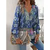 2025 Primavera y Verano Nuevos Tops y Camisas Estilo Bohemio de Resort Estampados con Cuello en V y Cordones de Manga Larga para Mujer