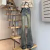 Jeans acampanados ajustados de estilo retro americano para mujer, otoño, cintura alta, teñidos de barro amarillo, borde crudo, pierna recta, pantalones de campana de chica popular
