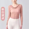 Camiseta de Manga Larga para Yoga con Cuello de Solapa y Estampado de Malla Adelgazante Versátil Cubierta Deportiva Top de Pilates Fitness