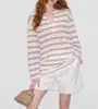Camiseta Informal Holgada de Manga Larga para Mujer con Rayas Rosas y Blancas, Cuello Abierto, Estilo Relajado de Verano