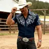 Camisa western retrô masculina de verão com estampa floral nos ombros, camisa de manga curta slim-fit, elasticidade em quatro direções, camisa sem vinco