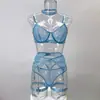 Conjunto de lencería de malla estilo minimalista oscuro europeo y americano, ultra fino transparente, seductor, hace que los senos grandes parezcan más pequeños, incluye una camisola y medias para las piernas, conjunto de cinco piezas