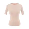 Top de Estilo Europeo y Americano, Ajustado, Cuello Redondo Pequeño, Manga de Tres Cuartos, Verano, Canalé, Corte Delgado, Favorecedor para la Figura, Ceñido a la Cintura, Camiseta de Manga Corta de Color Sólido