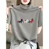 Camiseta feminina de algodão puro, manga curta, gola alta meia, escovada e espessa, branca, estilosa e versátil, top base para moda outonal