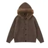 Suéter tejido cálido de punto estilo retro americano Magic Bear para otoño e invierno con cuello de piel, cárdigan con capucha, estilo casual, unisex