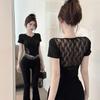 Top de Tirantes Traseros Estilo Chica Dulce y Puramente Sexy para Mujer, Camiseta de Verano con Encaje Hueco de Manga Corta, Único y Sorprendentemente Hermoso