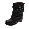 Botas Cortas de Tacón Grueso con Punta Redonda para Mujer 2026 Otoño Nuevas Botas de Mezclilla Plisadas con Remaches y Hebilla de Cinturón Botines de Verano para Mujer