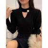 Tops Básicos para Mujer, Tops de Diseñador, Elegante Tejido con Cortes, Rojo, de Cuello Alto, Suéter Sexy A2746