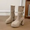 Botas de plataforma de tacón ultra alto y tacón grueso para mujeres petite, de moda y versátiles, con punta fina, con hebilla de cinturón, botas de media pantorrilla, botas de tacón alto, de buen aspecto