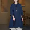 Nuevo Top Retro de Estilo Chino para Primavera y Verano, Manga Tres Cuartos, Estilo Nacional, Algodón y Lino, Cuello Alto, Largo Medio, Abotonado para Mujer