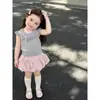 Traje de Verano para Niñas 2026 Nuevo Conjunto de Verano Bebé Dulce Cuello de Encaje Top de Punto Pantalones Cortos Rosas Conjunto de Dos Piezas