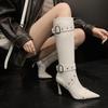 Novas Botas Longas de Estilo Comércio Exterior 2026 com Fivela de Rebite para Mulheres, Bico Fino, Salto Fino, Estilo Doce-Cool Europeu e Americano