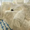Juego de cuatro piezas de algodón lavable y agradable para la piel estilo princesa francesa Corazón de niña Encaje Sábana Cubre edredón Ropa de cama 4