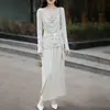 Traje de Malha Lã Worsted Cor Sólida Manga Longa Gola Swing Cintura Alta Longo Outono Novo 25 Anos
