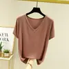 Camiseta base de modal estilo coreano para mulheres, corte solto, plus size, manga curta, adequada para usar em camadas, nova blusa primavera/verão, camiseta lisa, camiseta com decote V