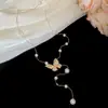 Colar com Pingente de Borboleta Pérola e Franja Banhado a Ouro Real com Zircônia Estilo Redes Sociais Corrente para Clavícula Super Imortal Doce Corrente de Colar de Alta Qualidade para Mulheres