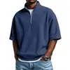 Camisa Polo Masculina de Manga Curta Casual Esportiva Cor Sólida Gola Alta Ombro Caído Zíper Verão Europeu e Americano Novo Estilo Waffle Roupas