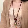 Colar de Madeira Vintage Estilo Literário Corrente de Lã Estilo Étnico Longo Acessórios Pingente de Botão Combina com Tudo Estilo Coreano Mori Girl