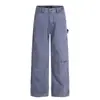 Calça Cargo Masculina Loose de Perna Reta com Senso de Design, Estilo Punk Streetwear, Bolsos em Patchwork, Wide-Leg Vintage Casual