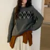 Suéter pullover redondo com padrão Fair Isle argyle transfronteiriço para mulheres, novo estilo casual de outono e inverno, malha slim fit e estilosa