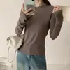 Camada base simples de manga longa, gola redonda, rosa, mistura de lã escovada para mulheres, camiseta lisa de alta qualidade para outono e inverno