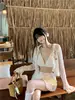 Biquíni Sexy Puro Desejo Conjunto de Três Peças Cardigã de Renda Maiô Dividido Manga Longa Moda Roupa de Banho para Fonte Termal Feminino