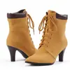 Nuevas botas amarillas de estilo europeo y americano para otoño/invierno 2026, botas de camuflaje, botas de mujer, botines con cordones, botas de montar, tacones de aguja, calzado de exportación