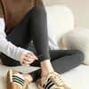 Calças Leggings de Listras Verticais Cor de Café para Outono e Inverno para Mulheres, Peça Externa, Com Veludo Adicional, Engrossadas, Escovadas, Calças Quentes, Alta Elasticidade, Calças de Outono com Veludo Adicional