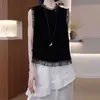 Traje de Mujer Personalizado Estilo Chino Nuevo para Verano 2026, Elegante Top sin Mangas con Parches de Encaje, Pantalones de Pierna Ancha Adelgazantes