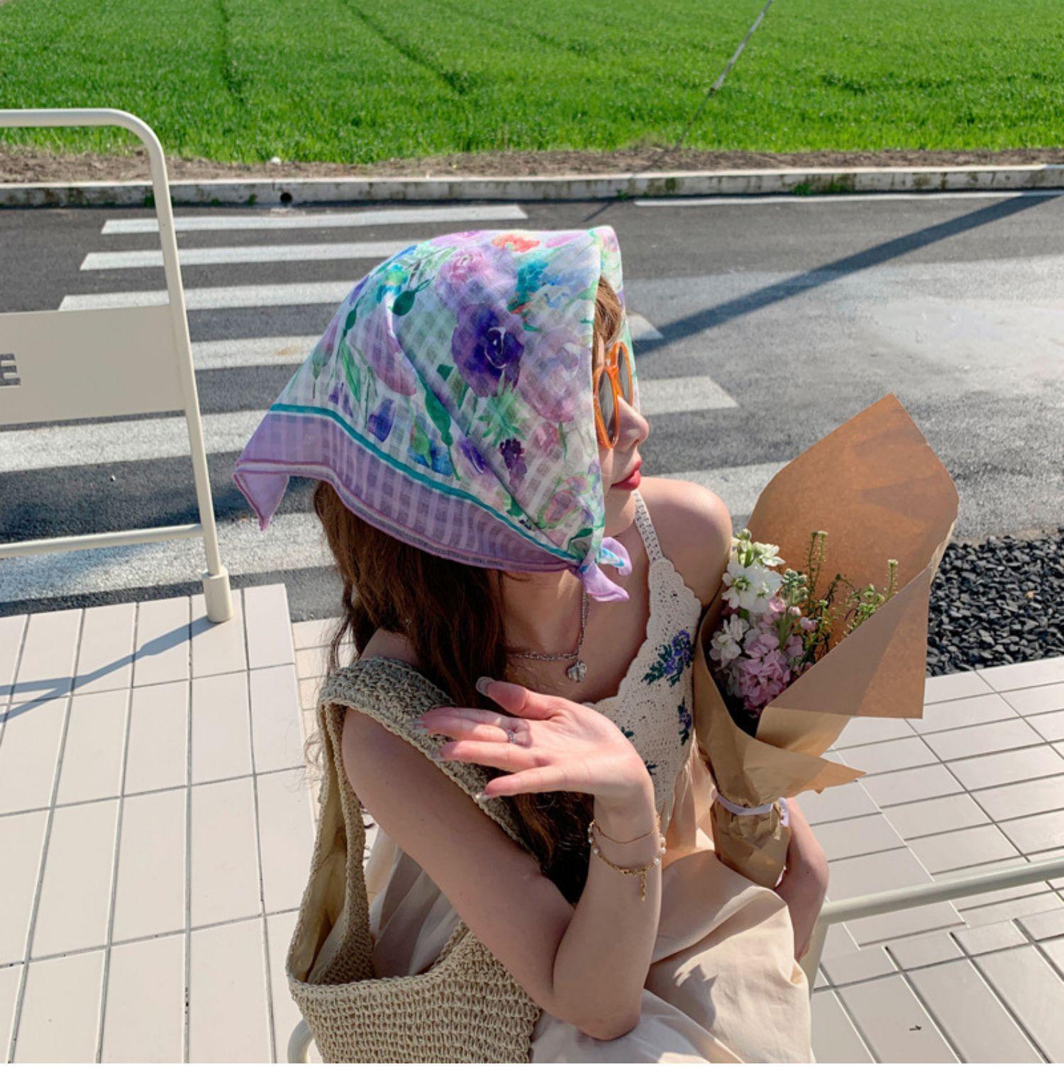 小清新棉麻围巾小方巾女花朵小碎花文艺复古领巾春夏装饰发带头巾